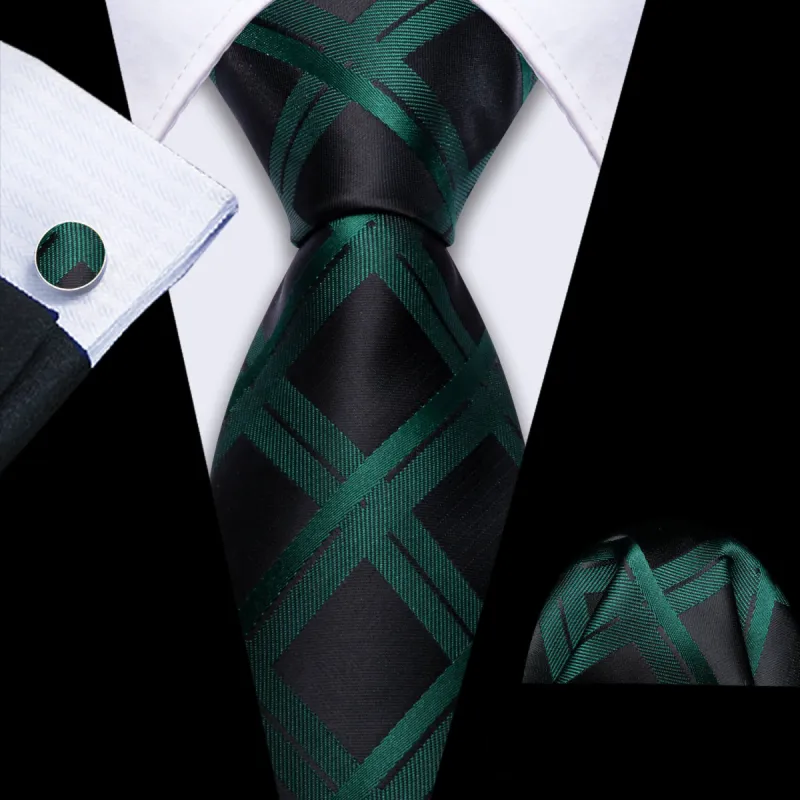Barry Wang Plaid Tie Black Dark Green Men??£¤s Silk Tie Hanky Cufflinks Set sold by Barrywang