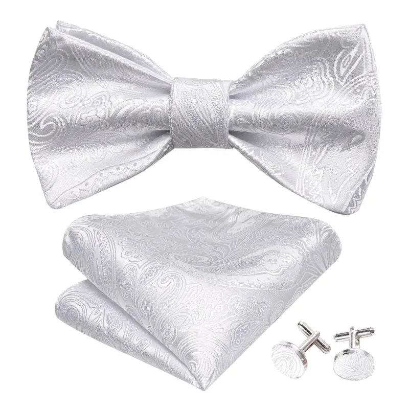 Barry. Wang Wedding Tie White Paisley Men's Bow Tie Hanky Cufflinks Set sold by Barrywang
