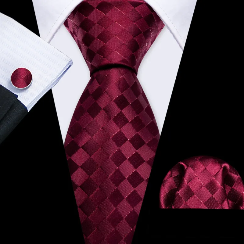 Barry Wang Men's Burgundy Plaid Silk Tie Handkerchief Cufflinks Set sold by Barrywang