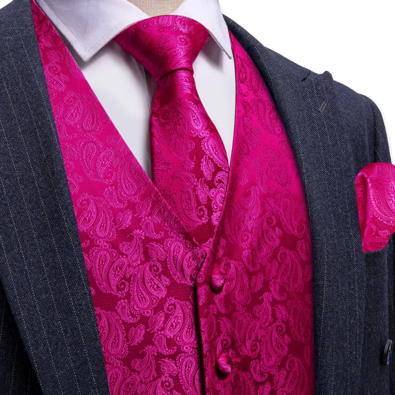 Barry Wang Hot Pink Paisley Wedding Vest V-Neck Silk Suit Waistcoat sold by Barrywang