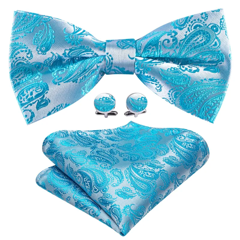 Pale Blue Silver Paisley Silk Bow Tie Hanky Cufflinks Set sold by Barrywang