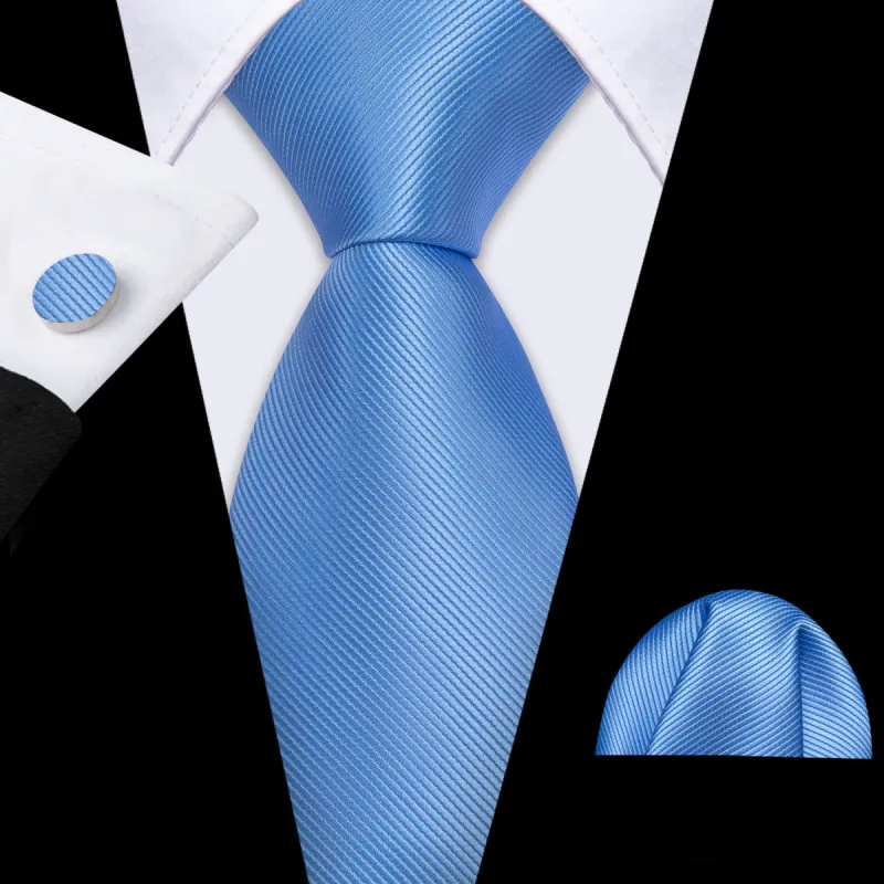Barry Wang Sky Blue Necktie Solid Silk Tie Handkerchief Cufflinks Set sold by Barrywang