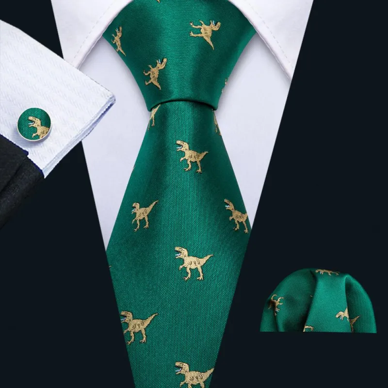 Barry. Wang Green Tie Jacquard Dinosaur Silk Men's Tie Hanky Cufflinks Set sold by Barrywang