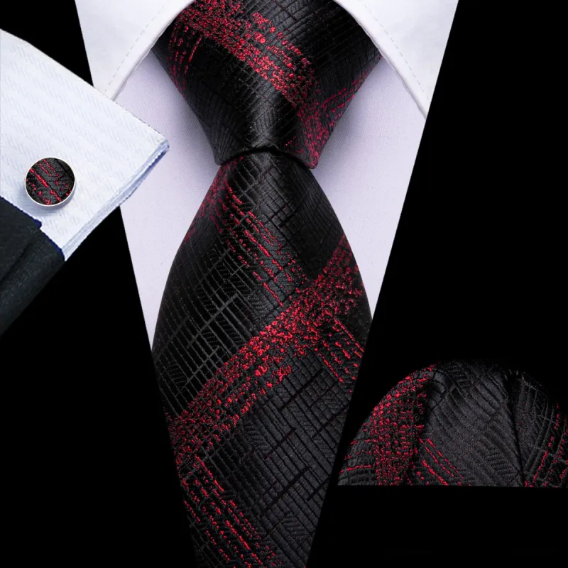 Barry. Wang Black Tie Dark Red Jacquard Stripes Plaid Tie Set for Men sold by Barrywang