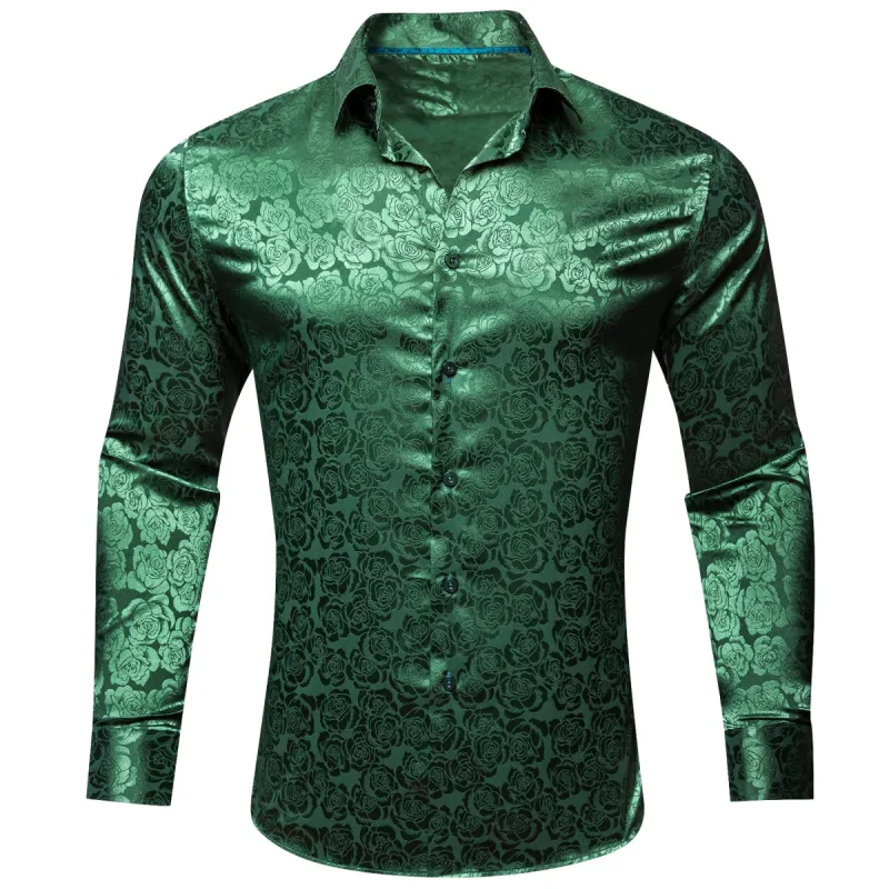 Barry.wang Beautiful Green Print Flower Silk Men's Shirt sold by Barrywang