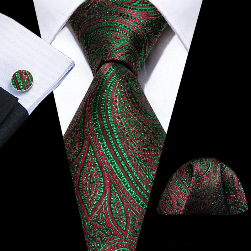 Barry Wang Green Ties Red Paisley Silk Tie Handkerchief Cufflinks Set sold by Barrywang