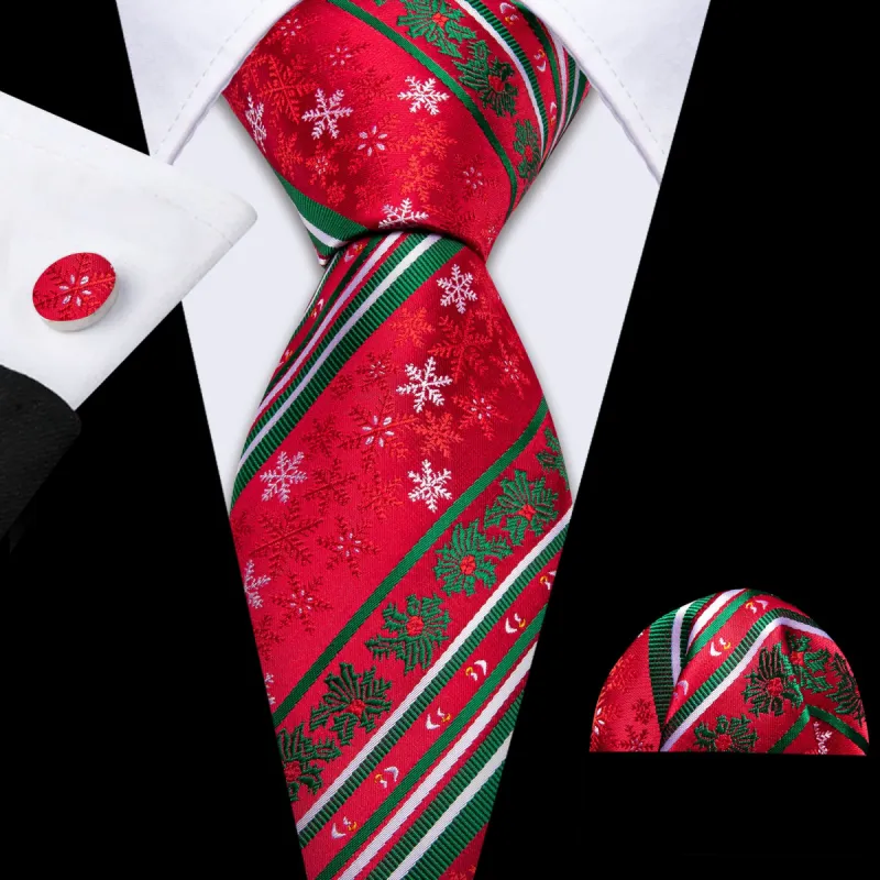 Barry Wang Christmas Red Xmas Snowflake Mens Tie Hanky Cufflinks Set sold by Barrywang