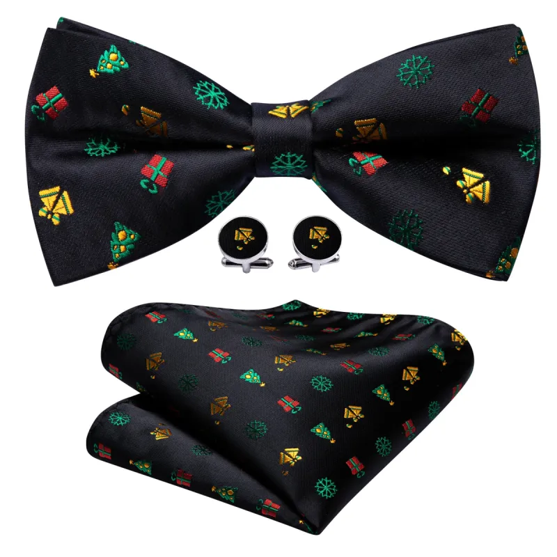 Barry Wang Christmas Black Xmas Pattern Bow Tie Hanky Cufflinks Set sold by Barrywang