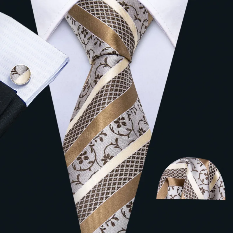 Barry.Wang Floral Tie Silk Champagne White Striped Tie Pocket Square Cufflinks Set sold by Barrywang