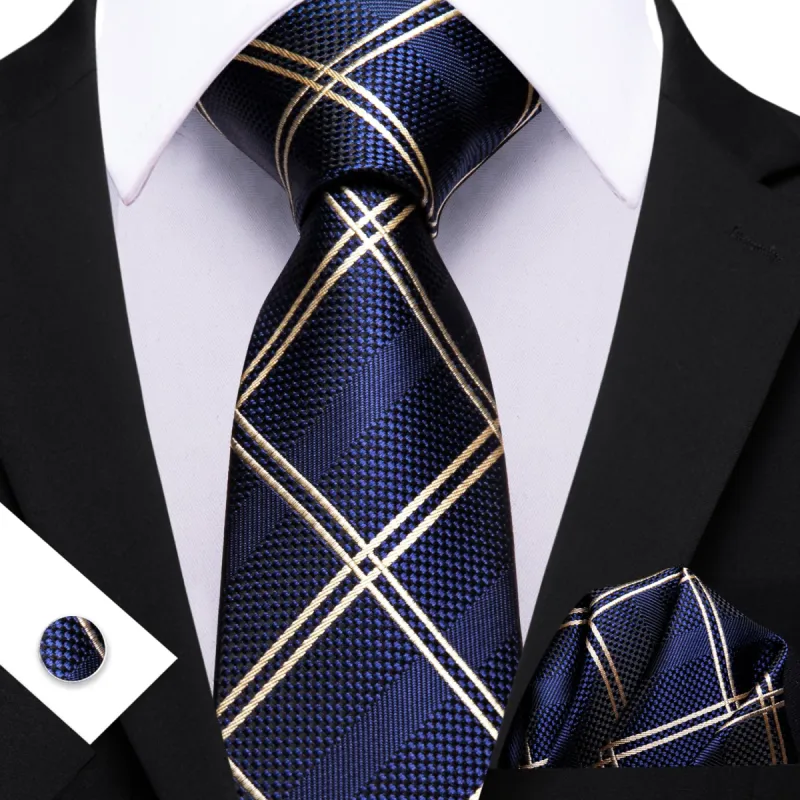 Barry. Wang Midnight Blue Tie Beige Lines Checkered Men's Wedding Set sold by Barrywang