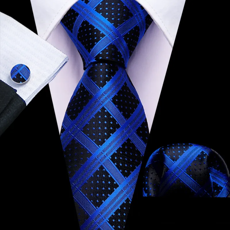 Barry Wang Black Blue Plaid Tie Royal Blue Dots Necktie Men's Tie Set sold by Barrywang