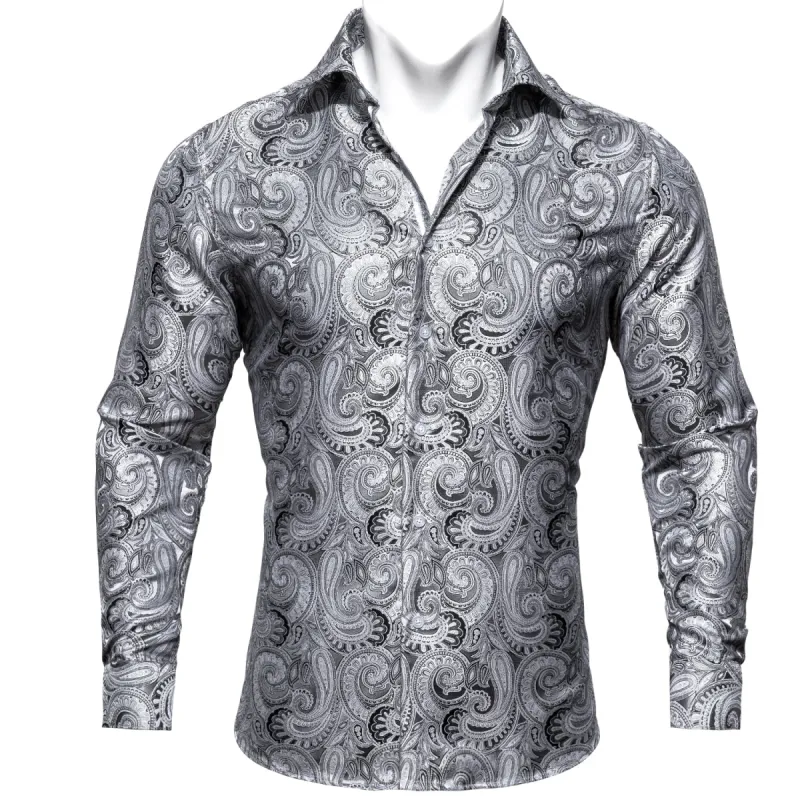 Barry Wang Shirt Grey Silver Paisley Silk Business Casual Shirts sold by Barrywang