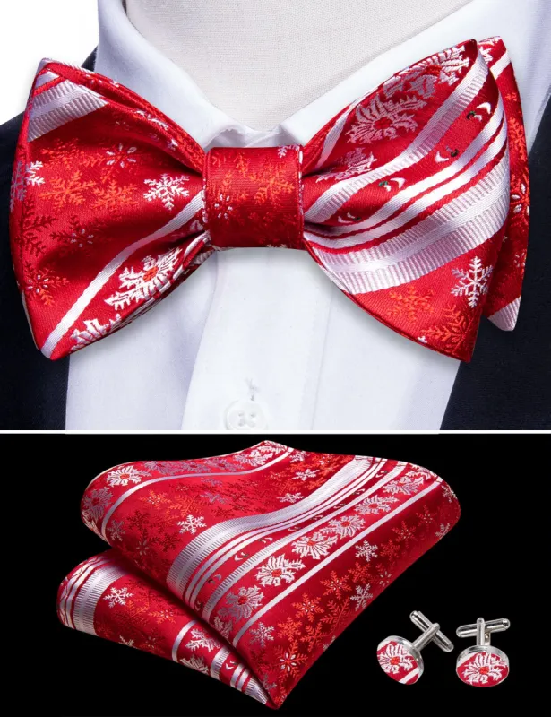 Christmas Red White Snowflake Self Tied Bow Tie Hanky Cufflinks Set sold by Barrywang