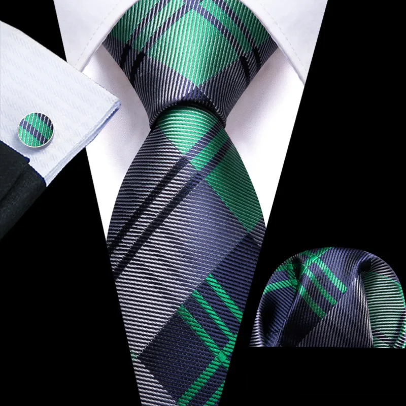 Barry. Wang Mens Plaid Tie Mint Green Dark Grey Necktie Set made by Barrywang