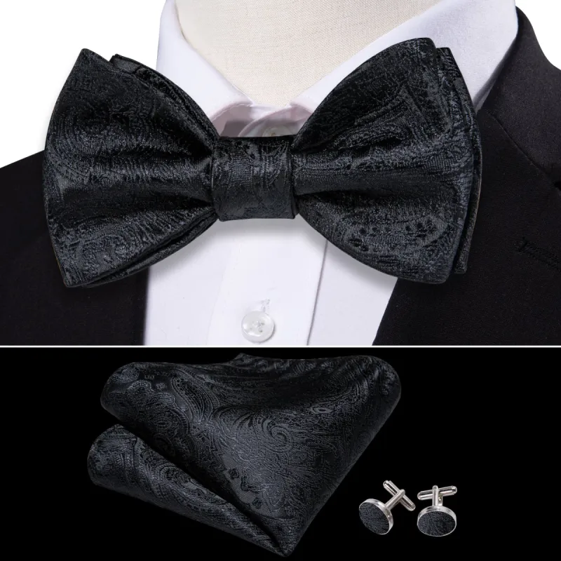 Barry.wang Black Tie Paisley Men's Self Tie Bow Tie Hanky Cufflinks Set sold by Barrywang