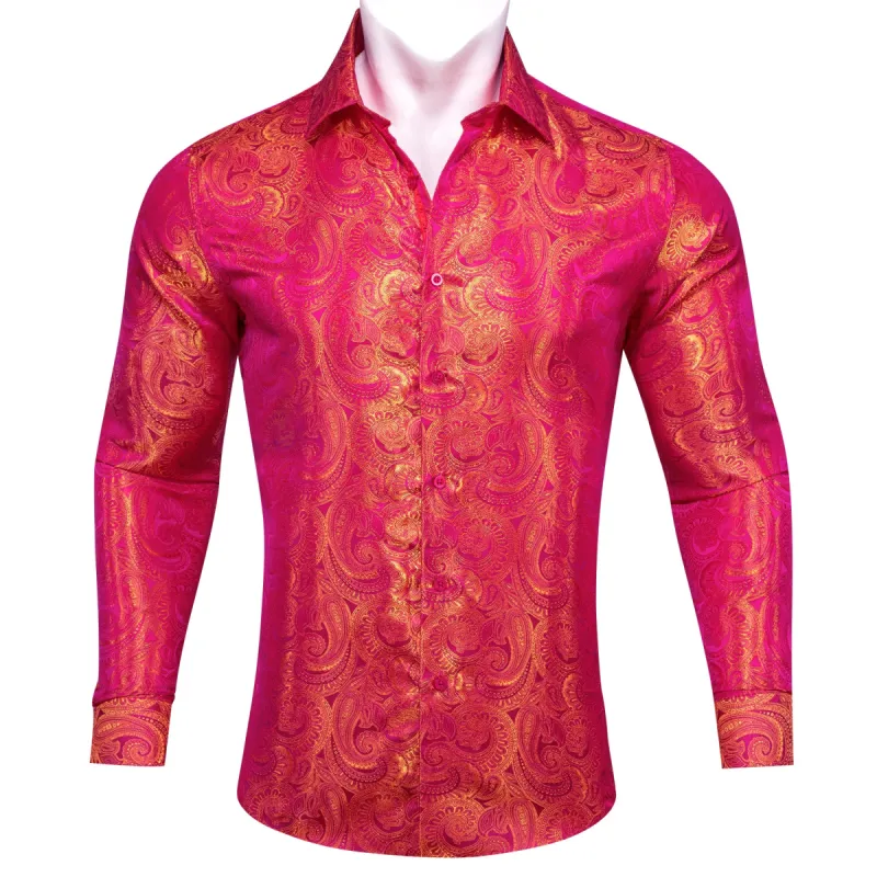 Barry Wang Button Down Shirt Red Orange Woven Paisley Silk Men's Shirt sold by Barrywang