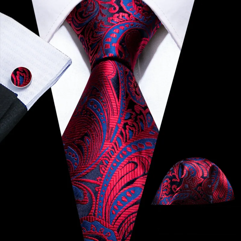 Barry Wang Red Necktie Blue Floral Silk Tie Handkerchief Cufflinks Set sold by Barrywang