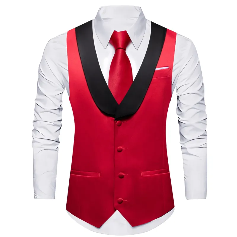Barry Wang Crimson Red Black Shawl Lapel Waistcoat Mens Vest Tie Set sold by Barrywang