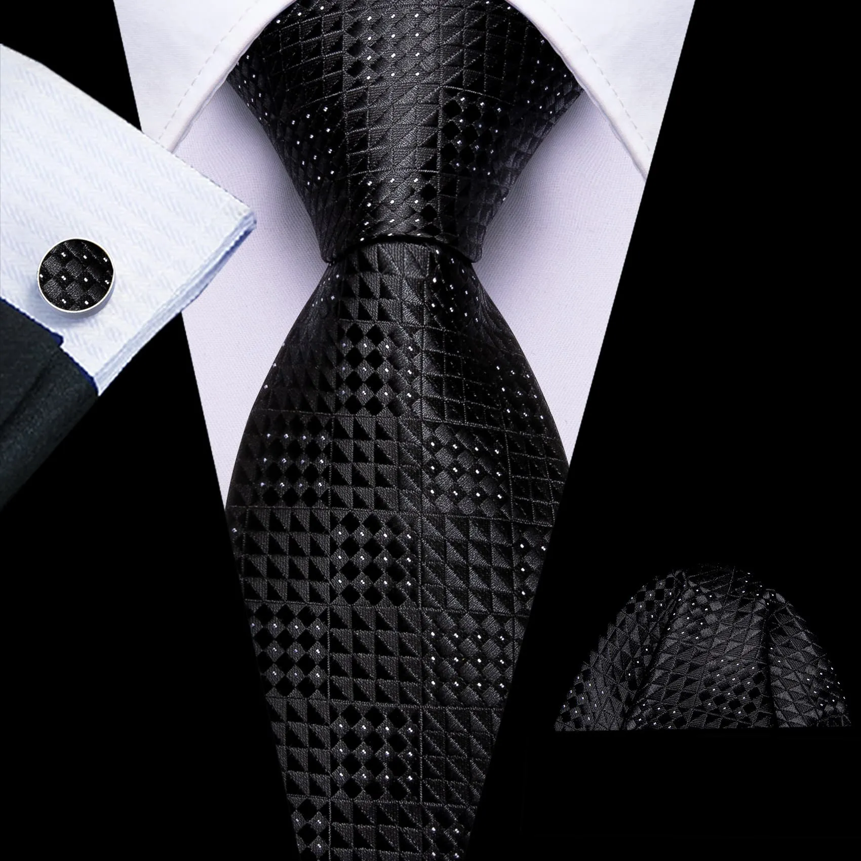 Barry Wang Black Jacquard Tie White Polka Dots Men's Geometric Tie Set sold by Barrywang