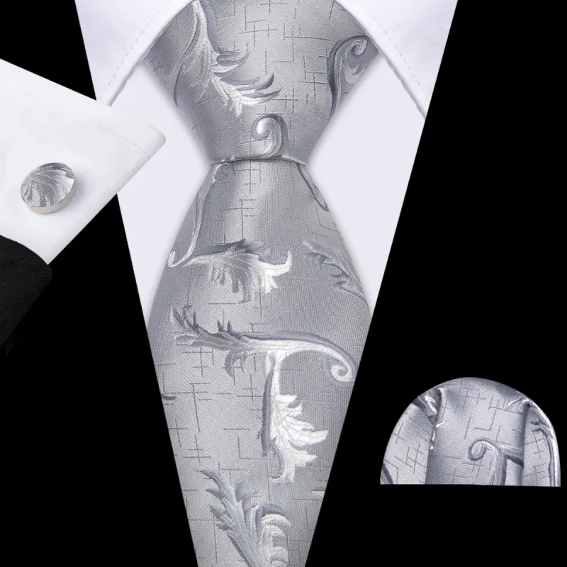 Barry Wang Grey White Floral Silk Tie Handkerchief Cufflinks Set sold by Barrywang