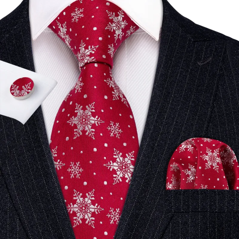 Barry.Wang Christmas Tie Red White Snowflake Silk Men's Tie Pocket Square Cufflinks Set sold by Barrywang
