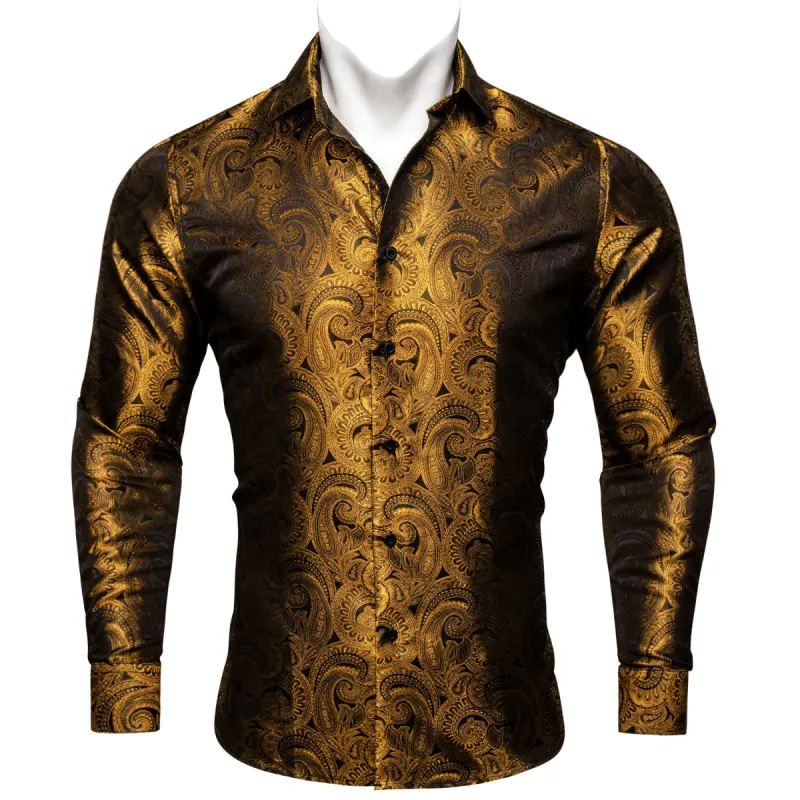 Barry Wang long sleeve Shirt Shining Brown Paisley Silk Men's Shirt sold by Barrywang