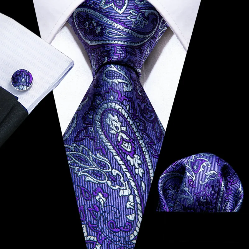 Barry. Wang Midnight Blue Tie Purple White Paisley Silk Wedding Tie Set sold by Barrywang