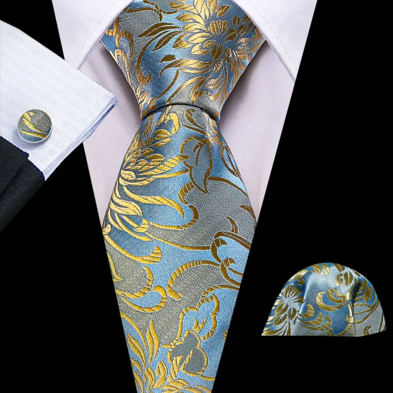 Gold Blue Flower Silk Tie Hanky Cufflinks Set sold by Barrywang