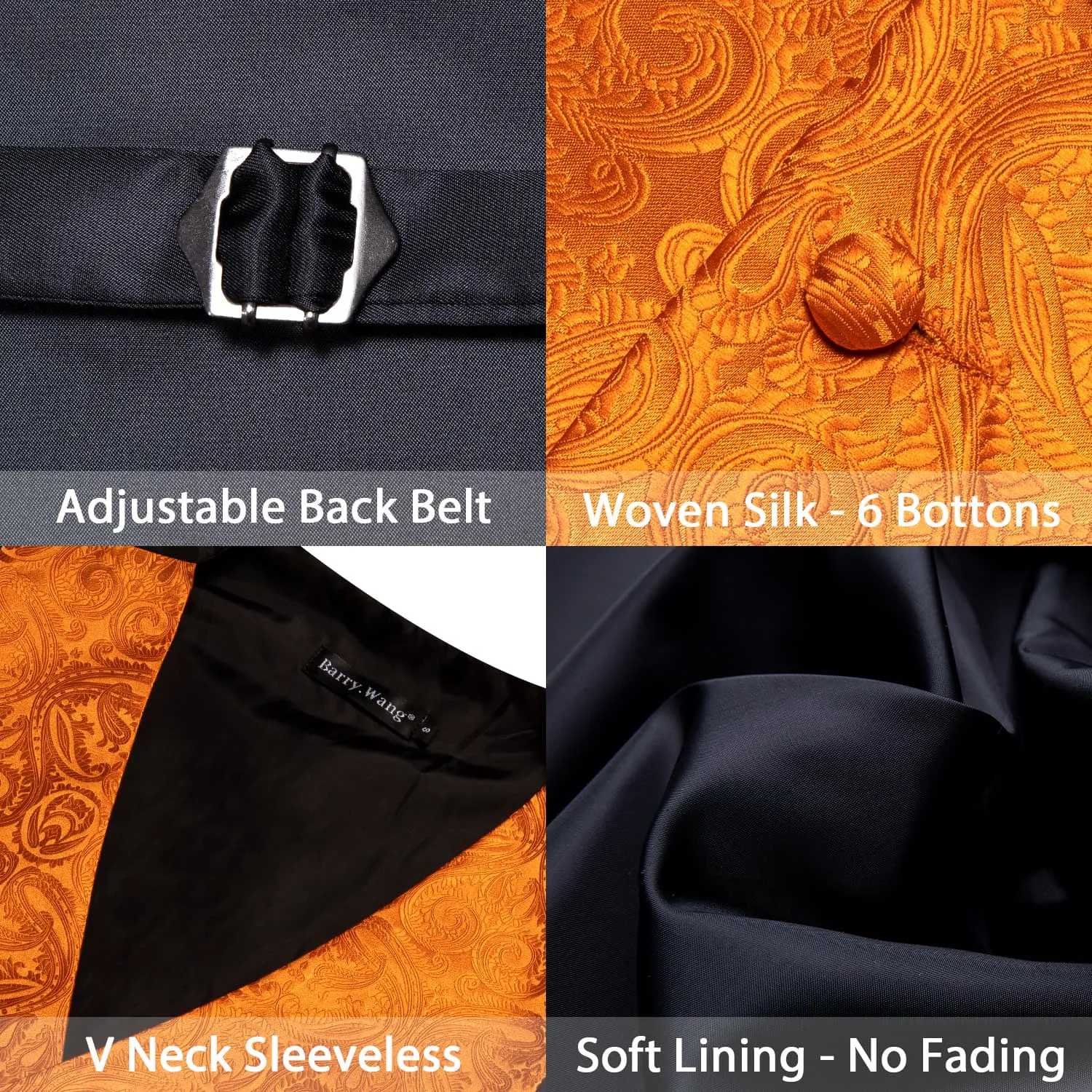 Barry. Wang Orange Paisley Wedding Vest V-Neck Mens Silk Suit Waistcoat sold by Barrywang product image thumbnail 3