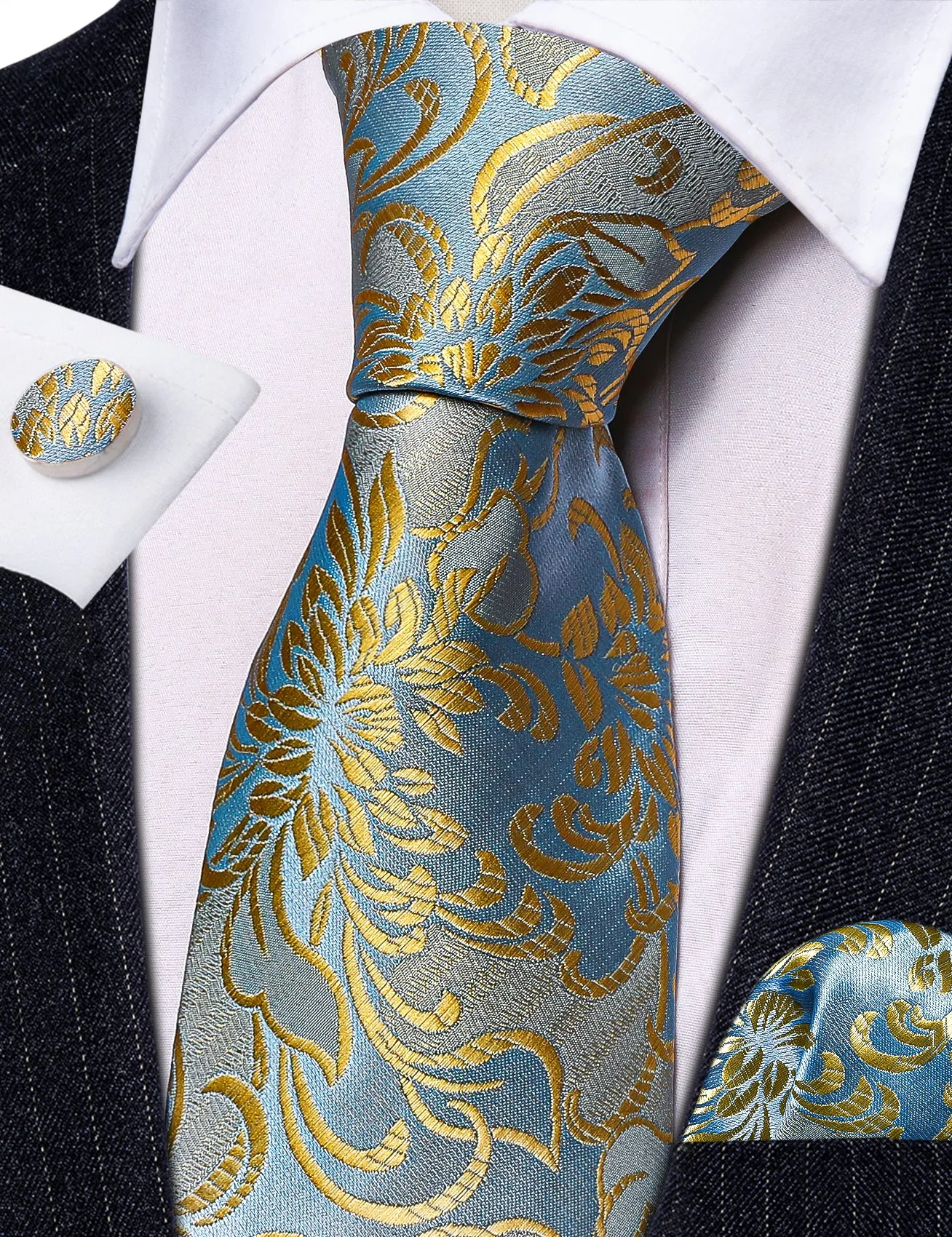 Barry. Wang Gold Blue Flower Silk Tie Hanky Cufflinks Set sold by Barrywang product image thumbnail 3