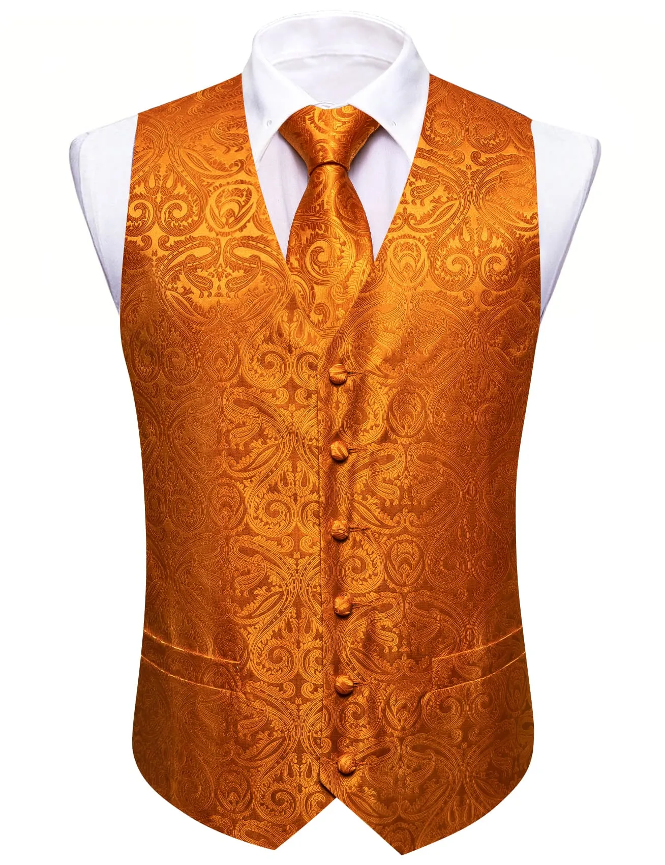 Barry. Wang Orange Paisley Wedding Vest V-Neck Mens Silk Suit Waistcoat sold by Barrywang product image thumbnail 5
