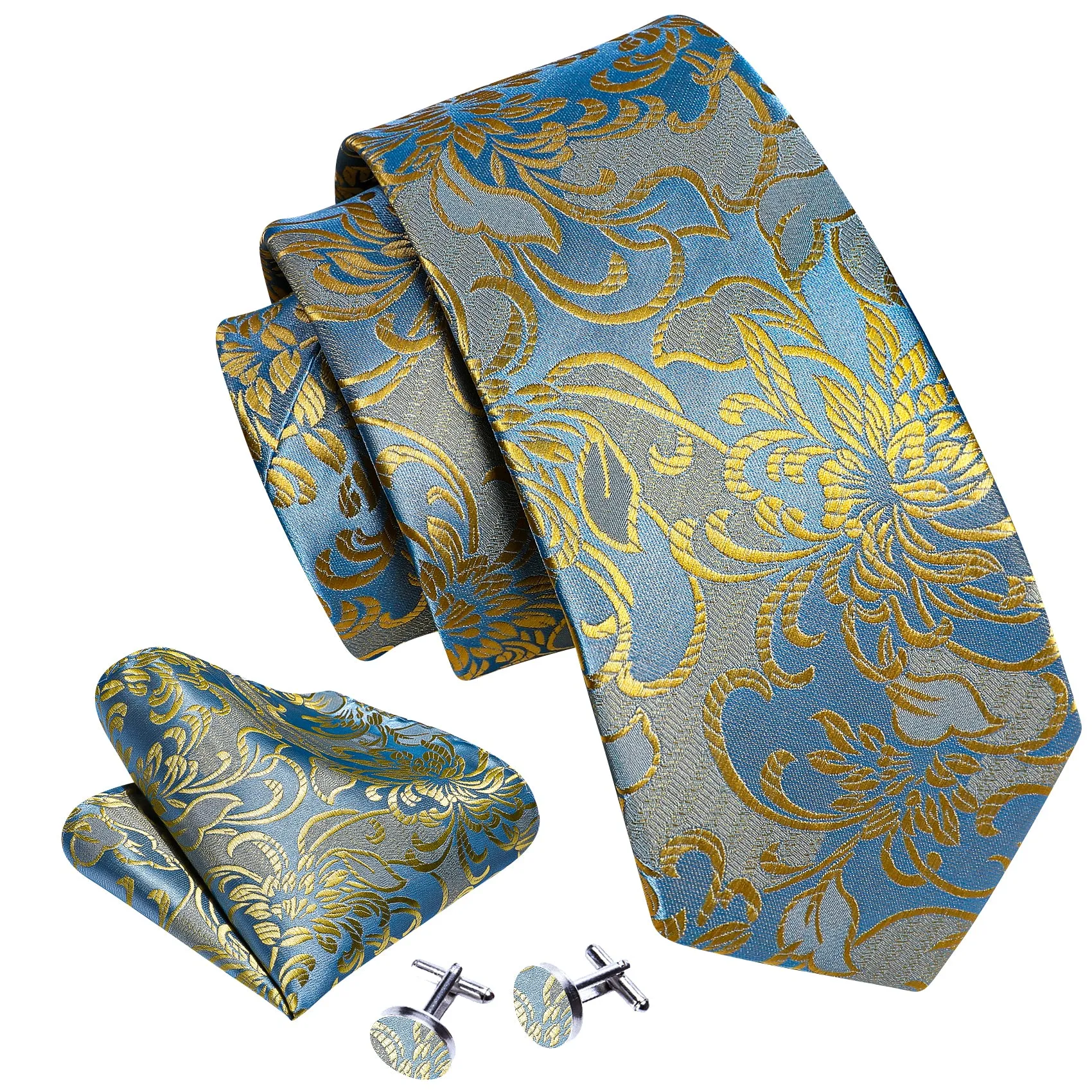 Barry. Wang Gold Blue Flower Silk Tie Hanky Cufflinks Set sold by Barrywang product image thumbnail 4