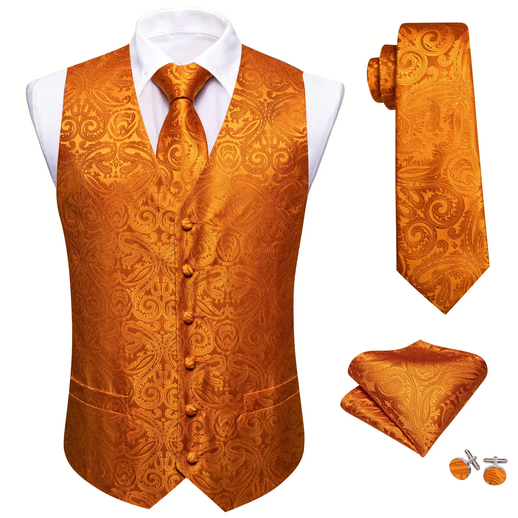 Barry. Wang Orange Paisley Wedding Vest V-Neck Mens Silk Suit Waistcoat sold by Barrywang product image thumbnail 2