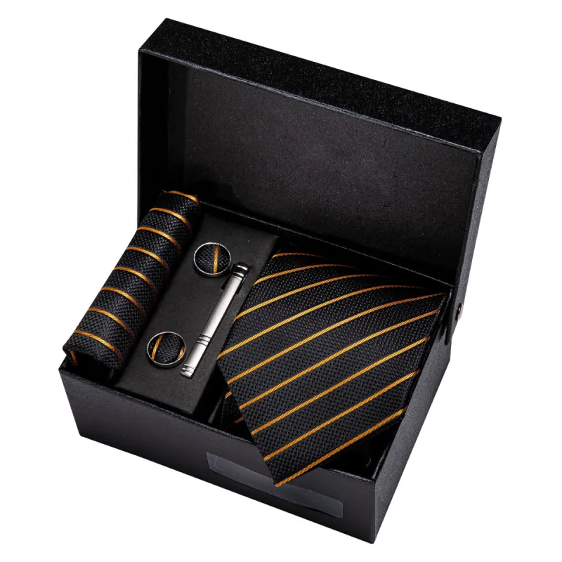 Barry. Wang Black Gold Striped Necktie Hanky Cufflink Clip Gift Box Set sold by Barrywang