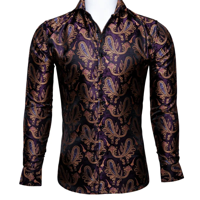 Barry Wang Long Sleeve Shirt Deep Purple Jacquard Paisley Men's Silk Shirt sold by Barrywang