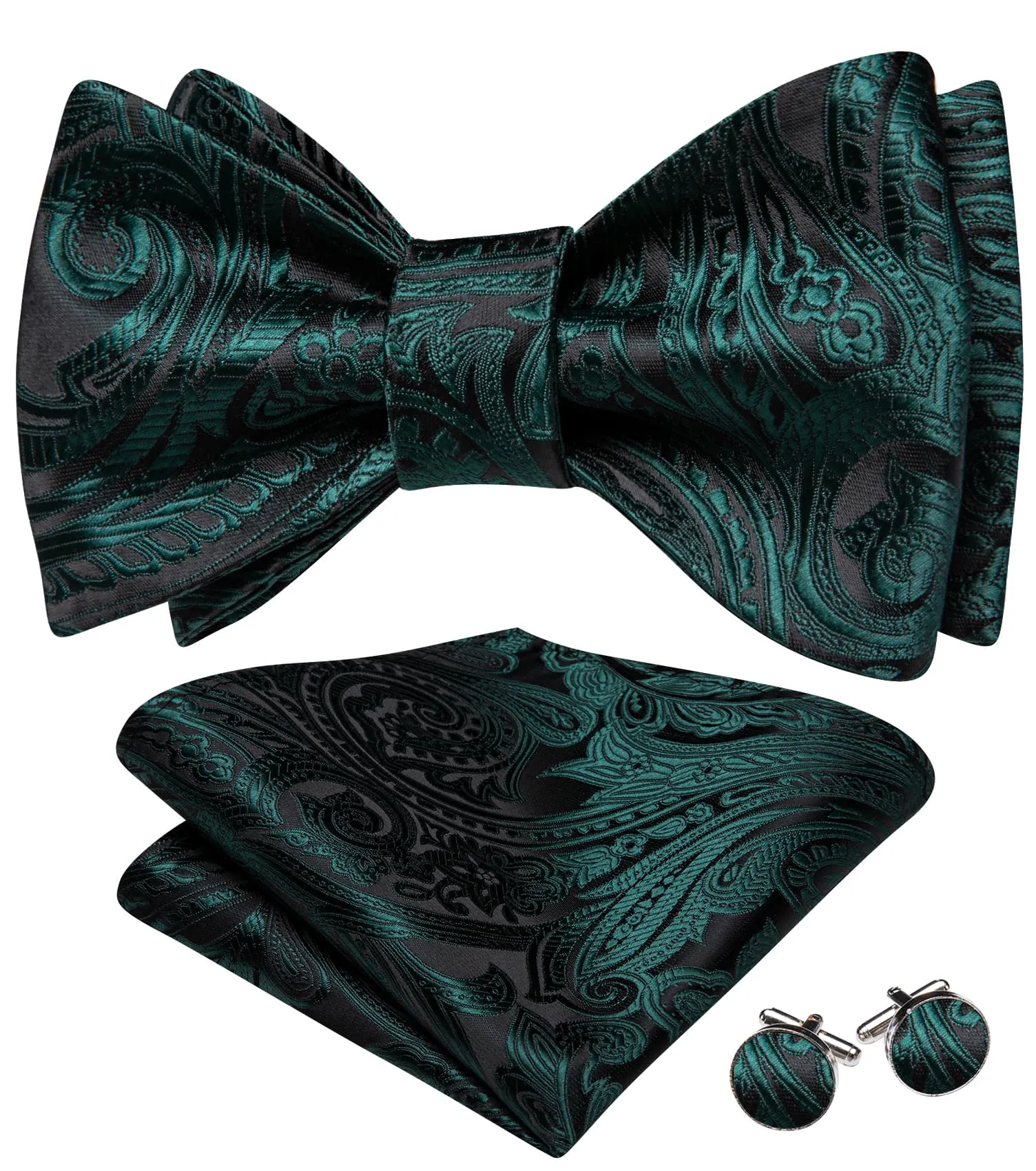 Barry. Wang Black Green Bow Tie For Men Paisley Tie Hanky Cufflinks Set sold by Barrywang product image thumbnail 2