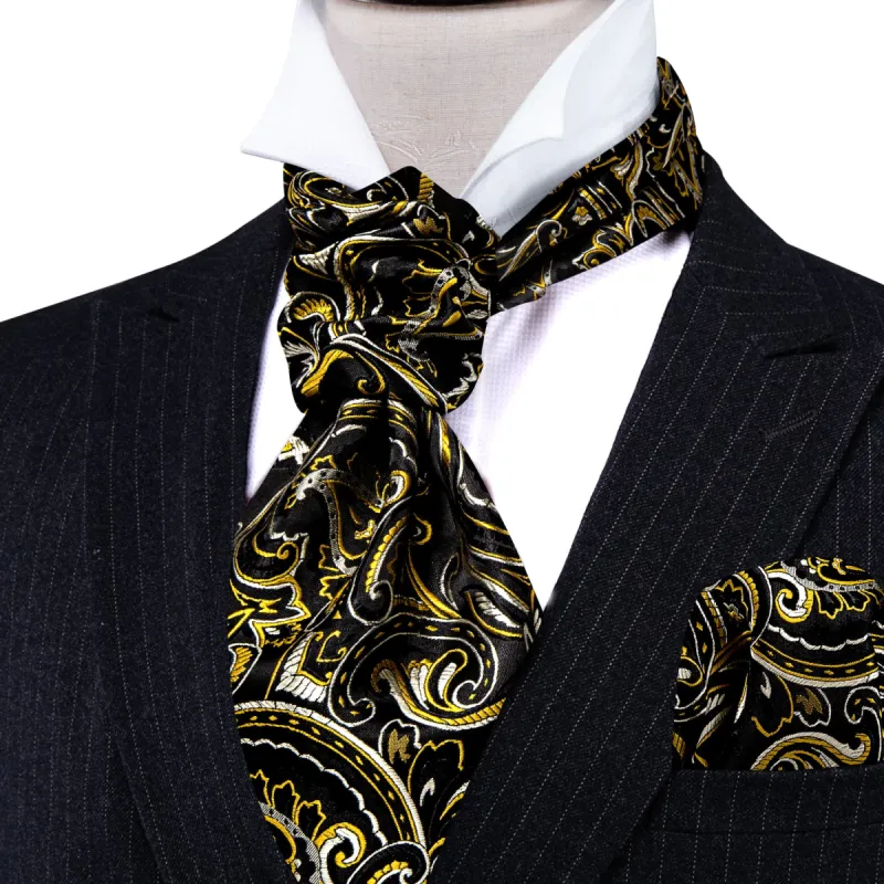 Barry. Wang Black Beige Yellow Floral Mens Ascot Tie Hanky Cufflink Set sold by Barrywang