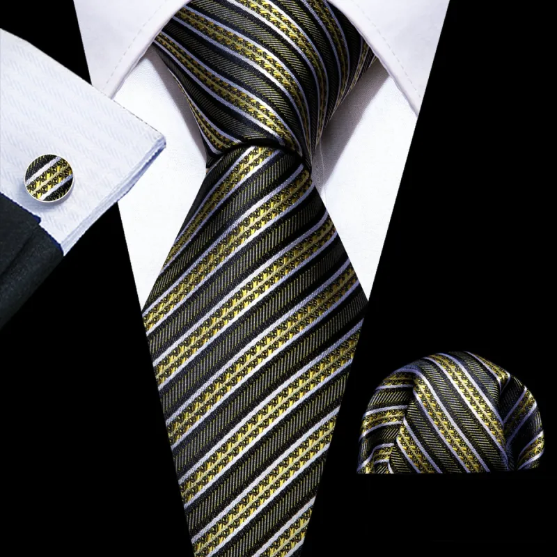 Barry Wang Green Yellow Striped Silk Tie Handkerchief Cufflinks Set sold by Barrywang