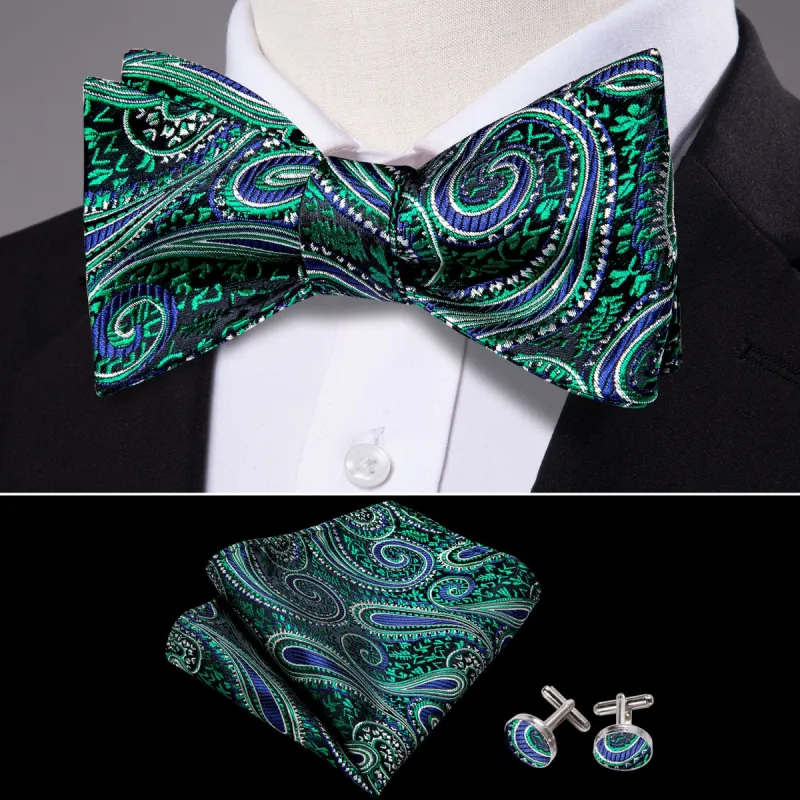Green Paisley Silk Self Tie Bow Tie Hanky Cufflinks Set sold by Barrywang