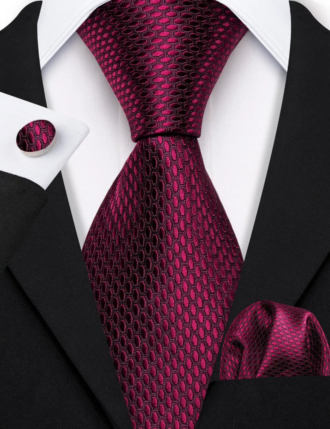 Barry. Wang Red Tie Navy-Blue Geometric Polka Dot Tie Pocket Square Cufflinks Set sold by Barrywang product image thumbnail 2