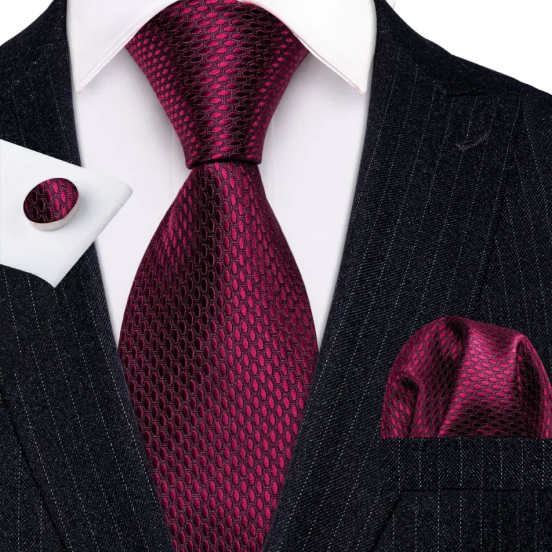 Barry.wang Red Tie  Navy-Blue Geometric Polka Dot Tie Pocket Square Cufflinks Set sold by Barrywang