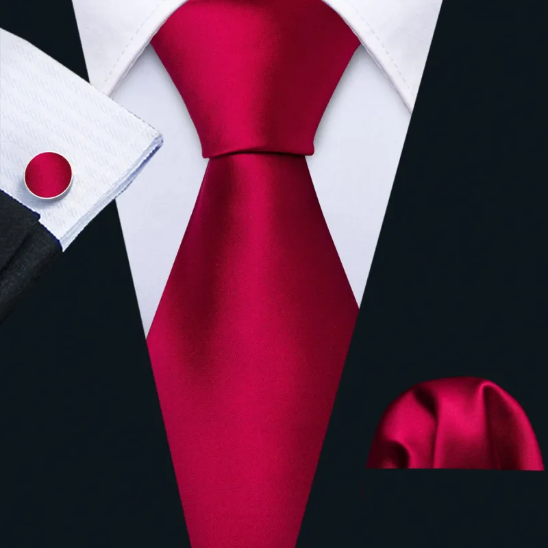 Barry Wang Satin Necktie Solid Red Necktie Handkerchief Cufflinks Set sold by Barrywang