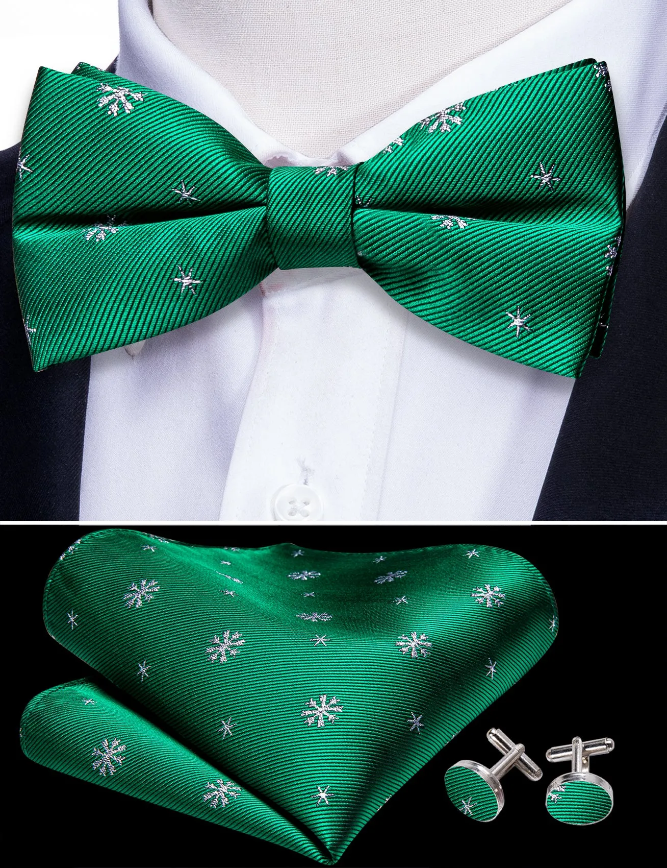 Barry Wang Christmas Green White Snowflake Silk Pre-tied Bow Tie Set sold by Barrywang product image thumbnail 3