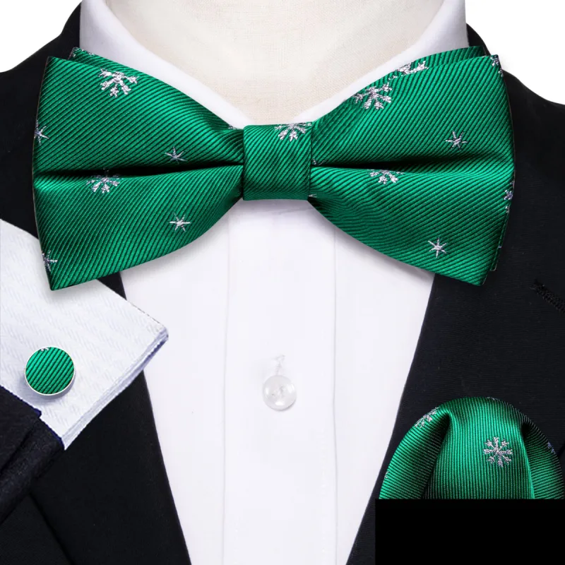 Barry Wang Christmas Green White Snowflake Silk Pre-tied Bow Tie Set sold by Barrywang