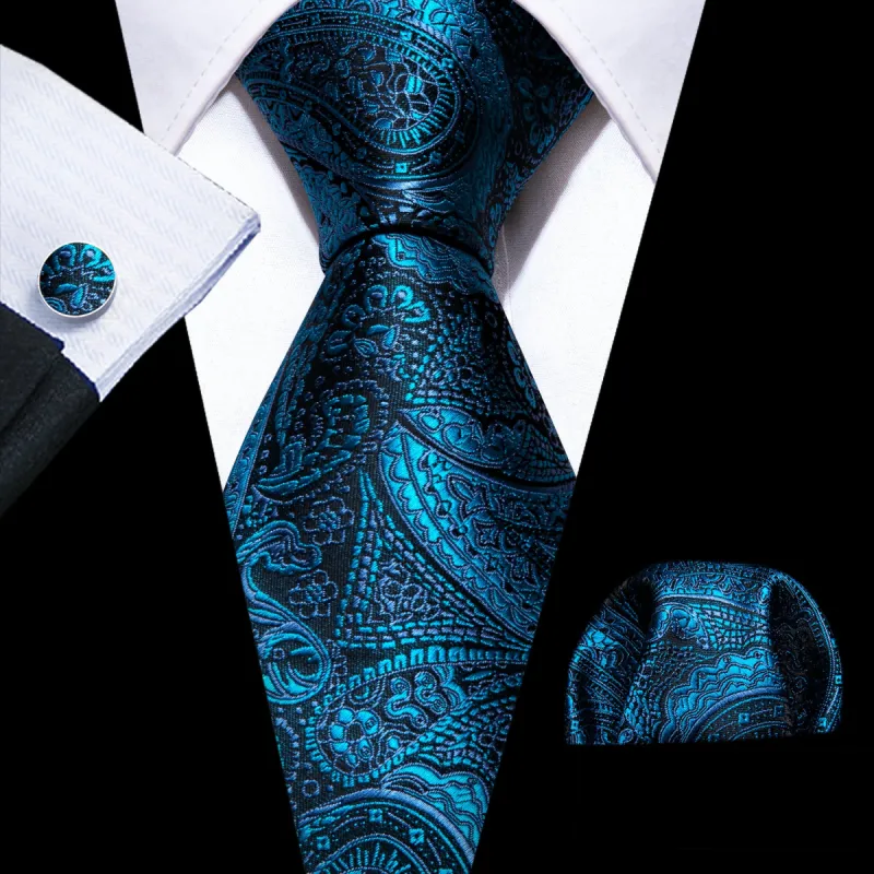 Barry Wang Tie Blue Black Paisley Silk Tie Handkerchief Cufflinks Set sold by Barrywang