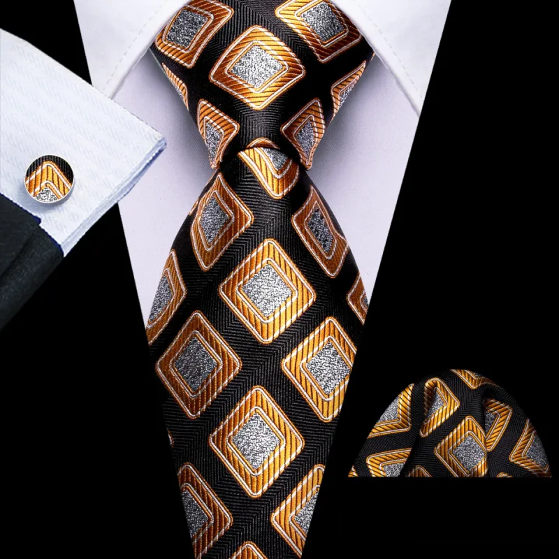 Barry Wang Novelty Necktie Black Orange Silver Square Men's Tie Set sold by Barrywang