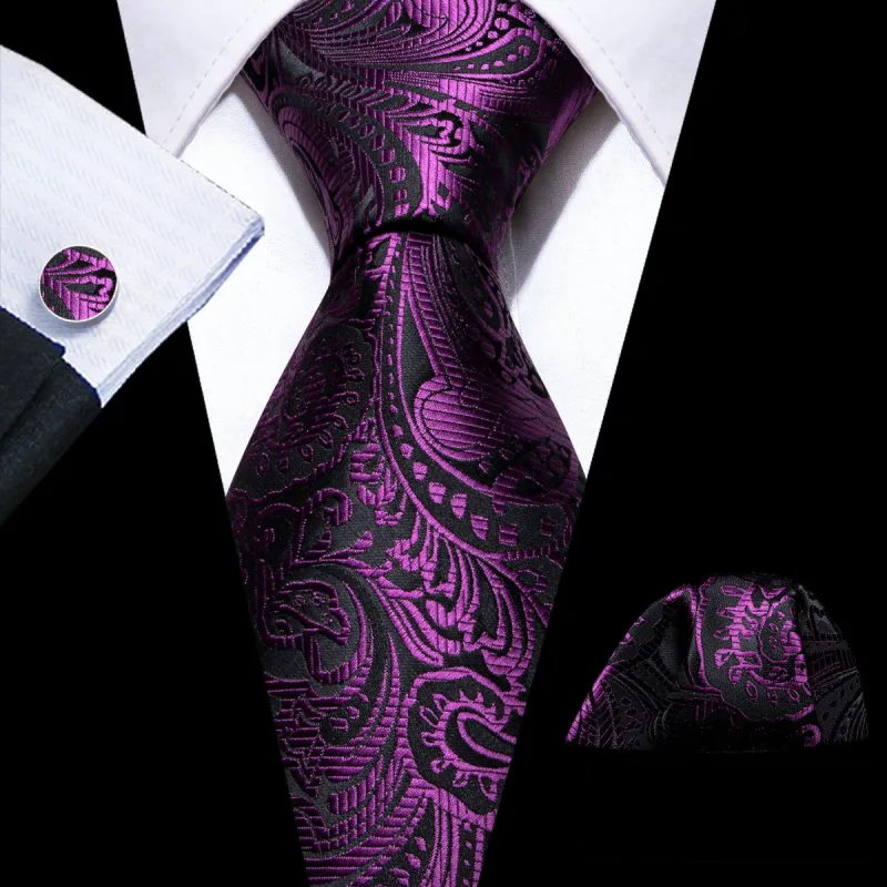 Barry Wang Luxury Purple Men Black Silk Tie Handkerchief Cufflinks Set sold by Barrywang