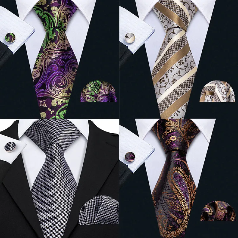 Barry.Wang Luxury 4pcs Men Paisley Silk Tie Pocket Square Cufflink Set sold by Barrywang