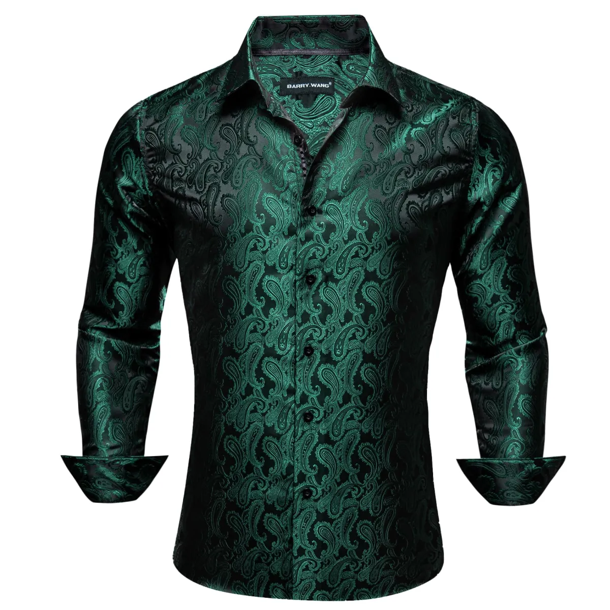 Barry Wang Men's Button Up Shirt Dark Green Paisley Long Sleeve Shirt sold by Barrywang