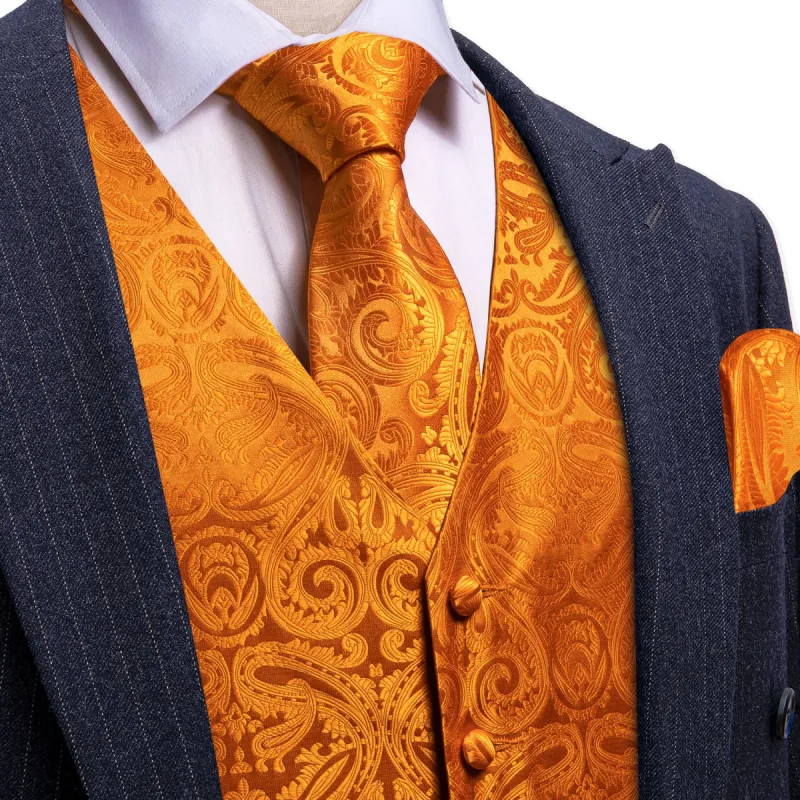 Barry Wang Orange Paisley Wedding Vest V-Neck Mens Silk Suit Waistcoat sold by Barrywang